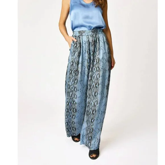 JACQUELINE B CLOTHING Flowy Satin Snake Pattern Pant in Denim Blue M/L - Picture 1 of 9